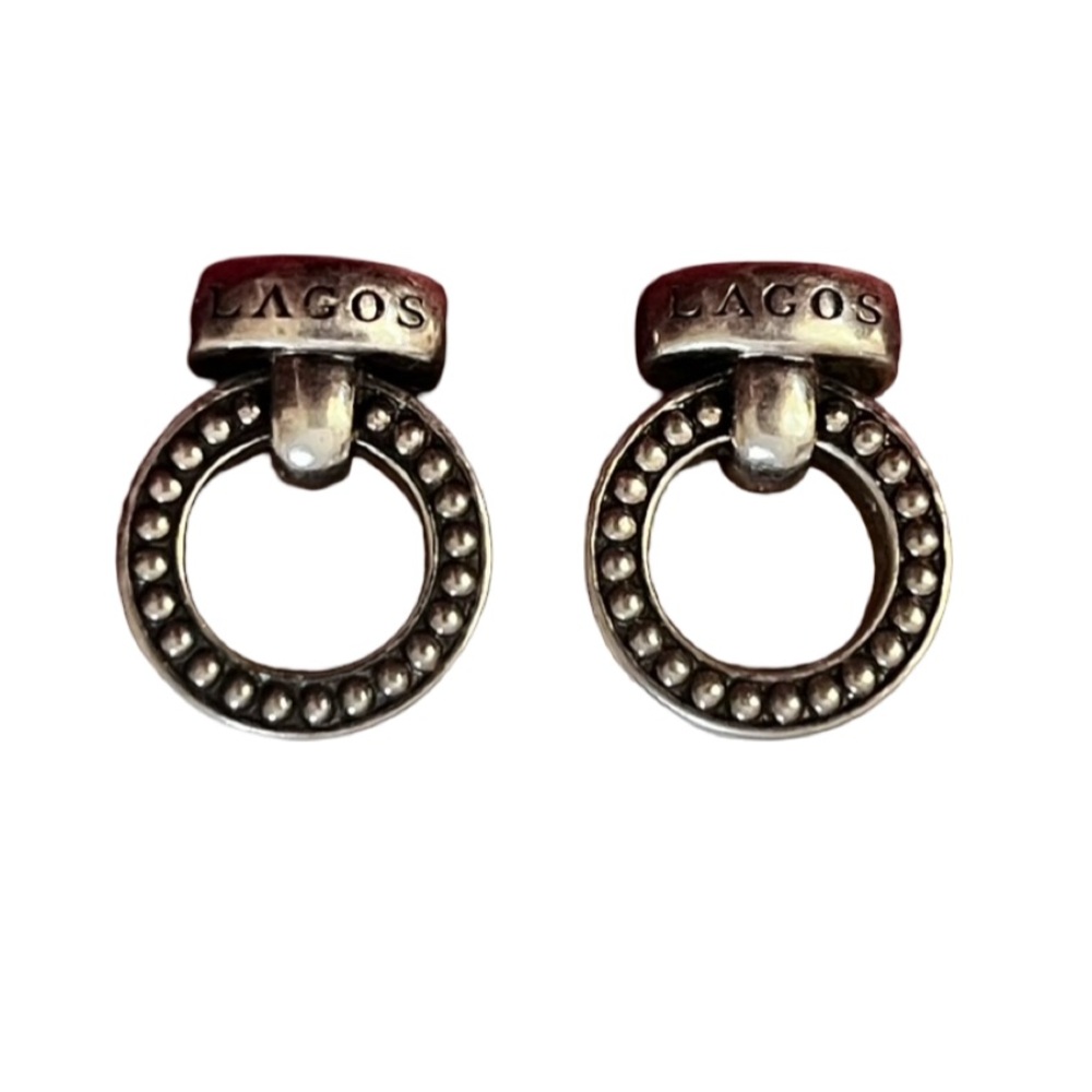 Sterling silver Caviar beaded circle earrings with a bar that details the LAGOS